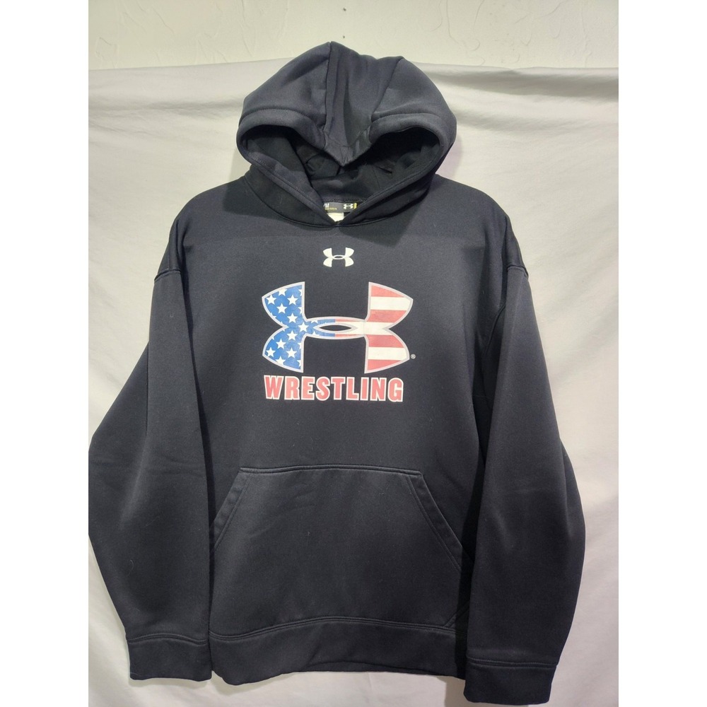 USA Wrestling Under Armour American Flag Logo Black Hoodie Mens Medium‎